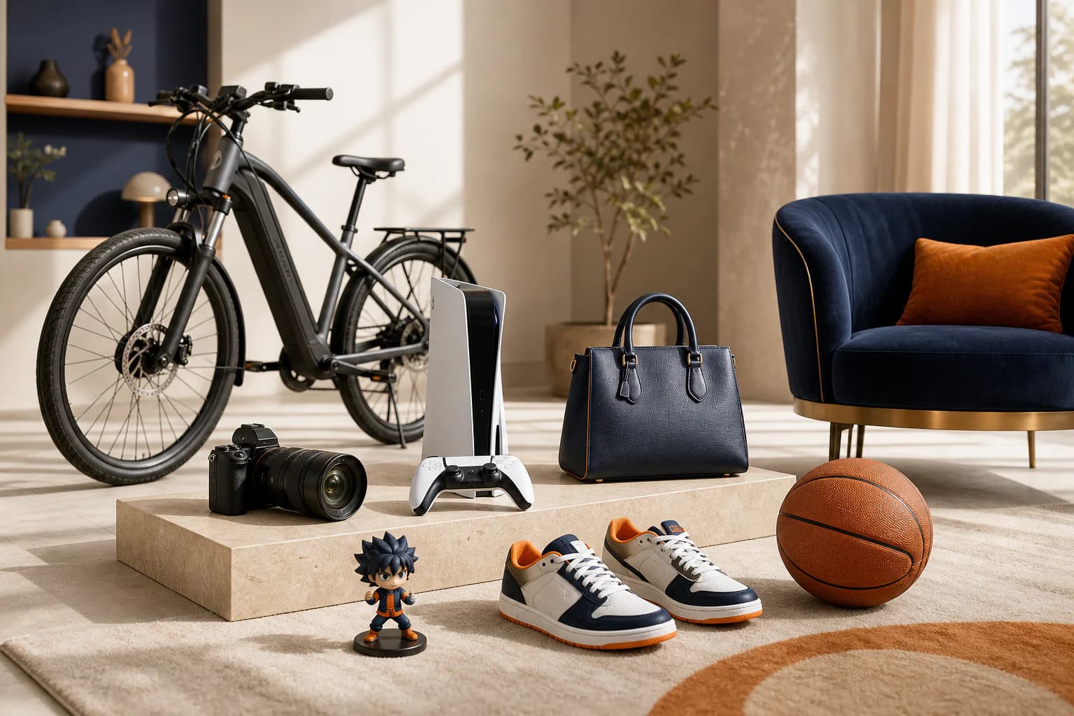 Marketplace selection featuring an e-bike, camera, gaming console, fashion, collectible, sports gear, and furniture