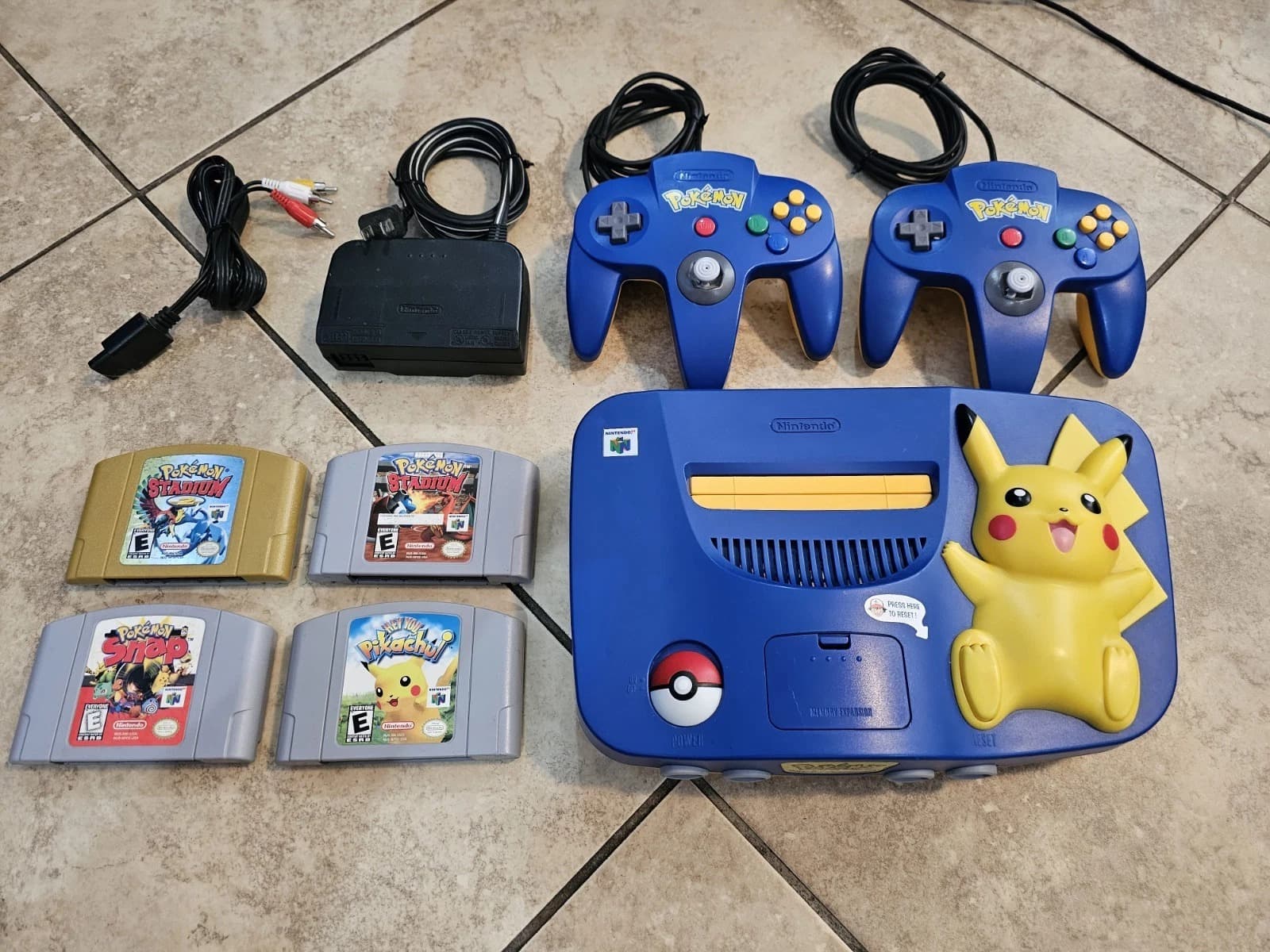 Blue Pikachu Nintendo N64 Pokémon Console 2 Controllers 4 Games Stadium 2 Snap - Image 1