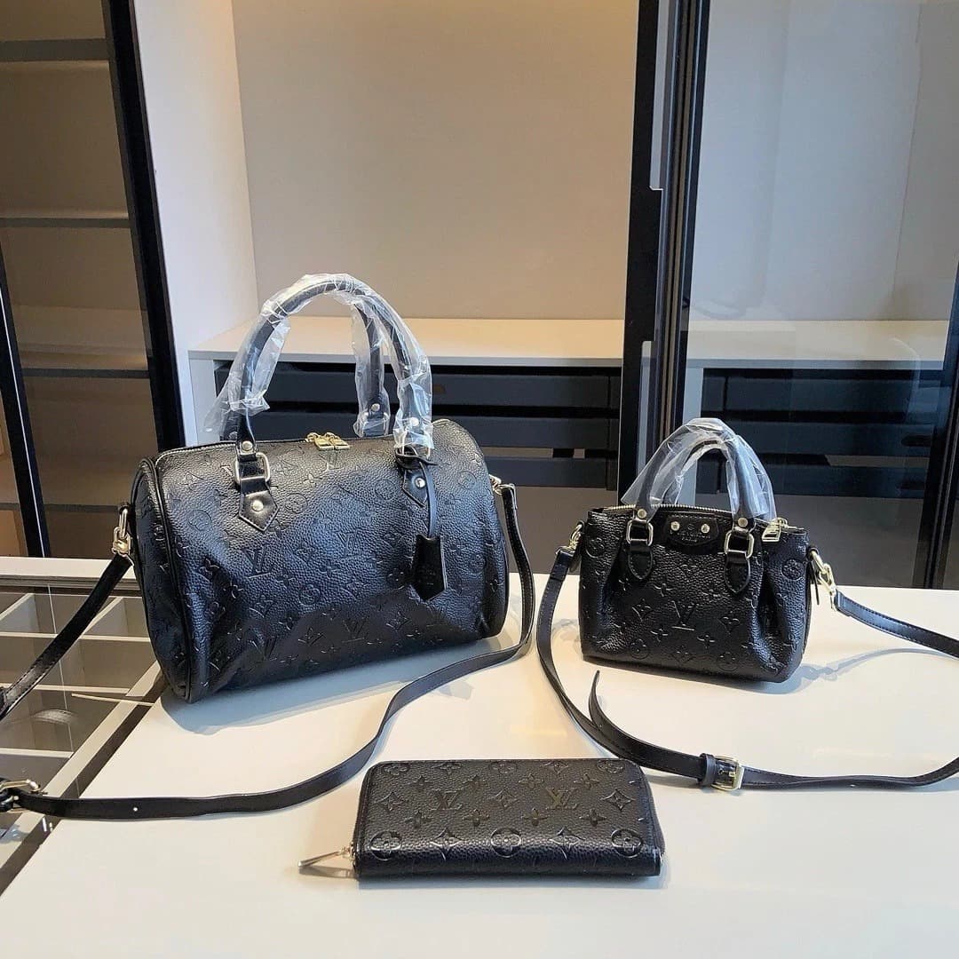 Louis Vuitton Monogram LV Black Leather Handbag/Crossbody Bag/Wallet 3-Piece Set - Image 1