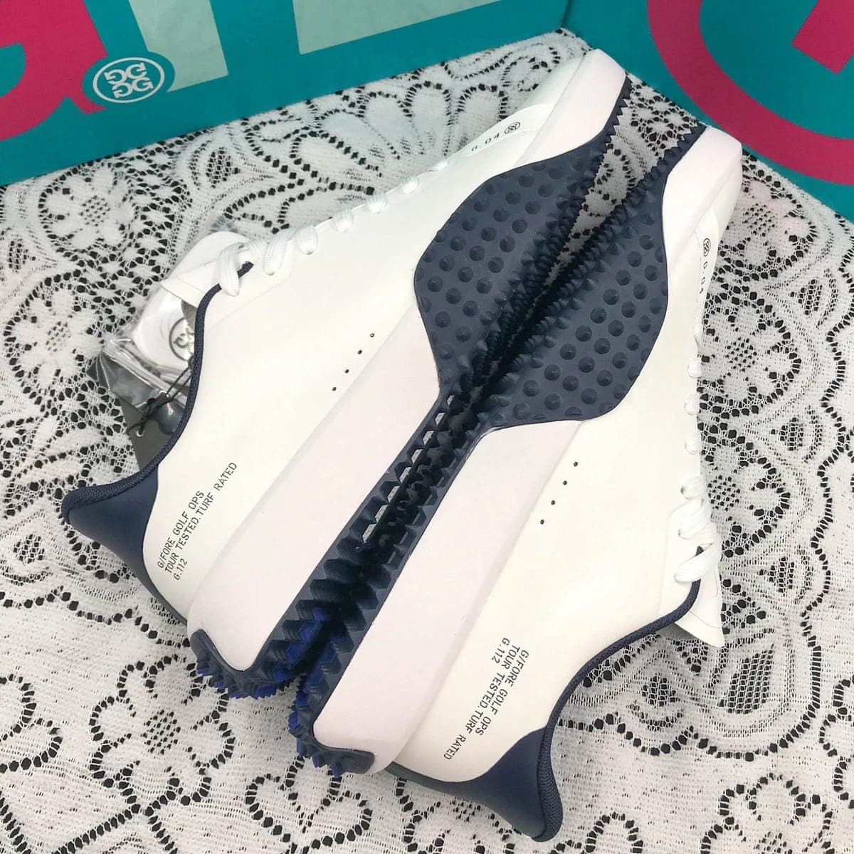 NEW G/FORE G.112 Men's Snow/Twilight Golf Shoes PU Leather White/Blue Sneakers - Image 1